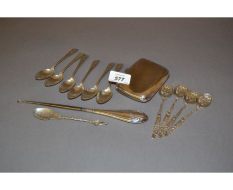 Set of six Victorian engraved silver teaspoons, a sterling silver spoon with a fish pattern bowl, silver cigarette case, silv