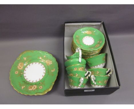 Copeland Spode six place setting part tea service with gilt floral decoration on a green ground (sugar bowl at fault)