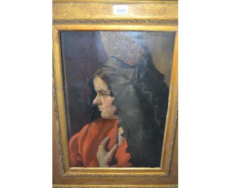 Cathi-Otto Bauer, signed oil on panel, portrait of a Spanish girl, (split to top of panel), 18.5ins x 13ins
