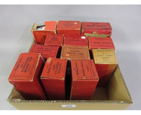 Twelve items of Hornby 0 gauge rolling stock in original boxes comprising: No. 1 crane truck, cement wagon, No. 1 rotary tipp