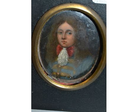 17th Century oil on copper, miniature portrait of a young man wearing a blue gold trimmed jacket and lace neck tie, 2.75ins x