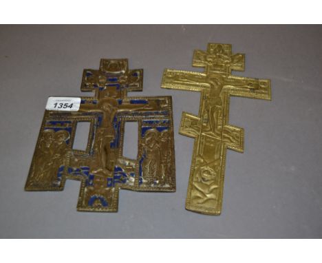 Russian blue enamel and relief decorated icon cross depicting the Crucifixion, together with another similar