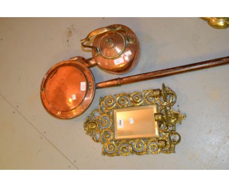 Late Victorian brass three light girandole, an antique copper warming pan and kettle
