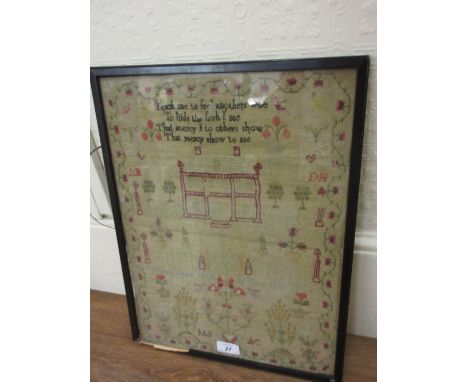 George III needlework pictorial and motto sampler depicting a house and garden, signed Catherine Dewar, 1815, 17ins x 12.5ins