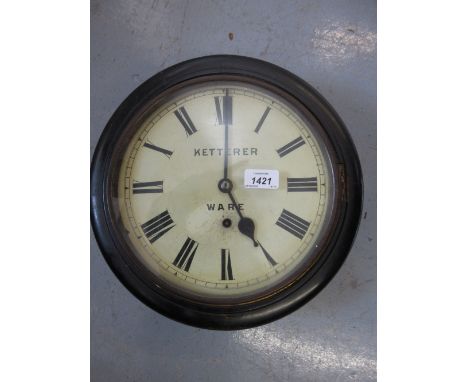 19th Century circular ebonised wall clock, the painted enamel dial inscribed ' Ketterer Ware ', with a single train movement 
