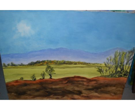 Margaret Harmsworth, oil on canvas, landscape with trees and distant mountains, together with another by the same hand, seasc