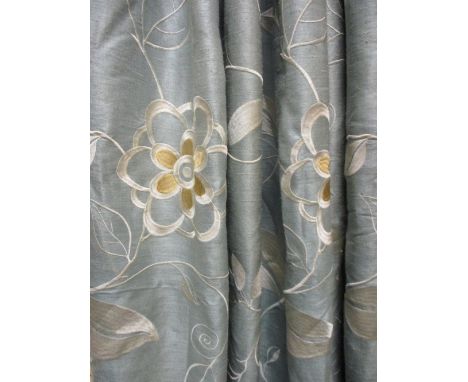 Pair of good quality heavy lined silk curtains with cream and beige embroidered floral detail and eyelet top, each curtain me