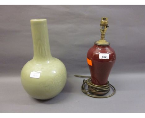 Chinese green Celadon bottle vase with incised decoration together with a Sang du Boeuf baluster form table lamp CONDITION RE