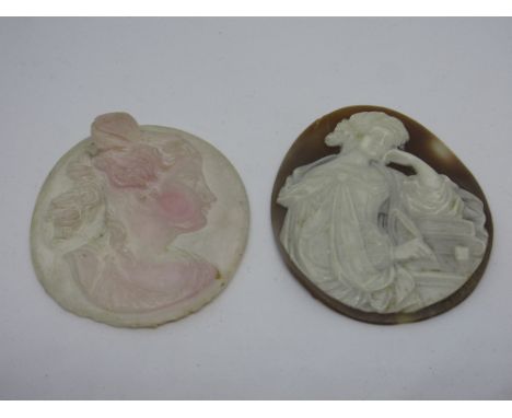 19th Century unmounted oval carved shell cameo portrait plaque together with another cameo plaque