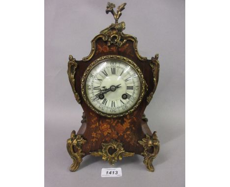 19th Century French rosewood marquetry inlaid ormolu mounted mantel clock, the ceramic dial with Roman and Arabic numerals wi