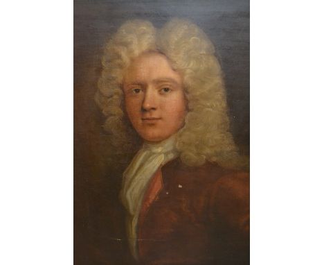 Circle of Jonathan Richardson, late 17th Century oil on canvas, portrait of a gentleman wearing a white wig and red coat, 30i
