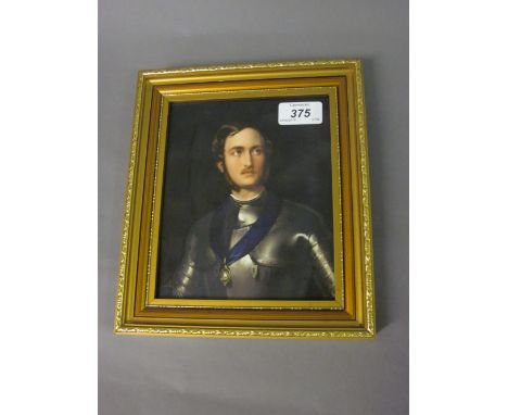 19th Century German porcelain plaque painted with a portrait of Prince Albert wearing armour after Winterhalter, signed Wustl