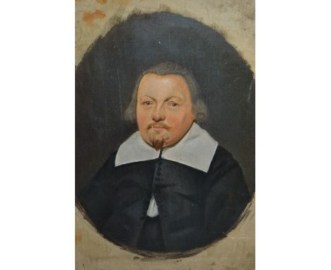 19th Century oil on canvas, head and shoulder portrait of a figure in 17th Century costume, oval mounted and gilt framed