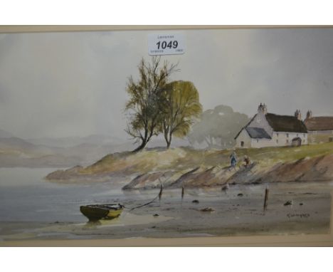 R. Witchard, ink and watercolour, a moored open boat before figures and cottages on a lake side, 10ins x 14ins together with 
