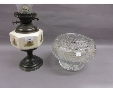 Cut glass pedestal rose bowl, together with a pottery and metal oil lamp