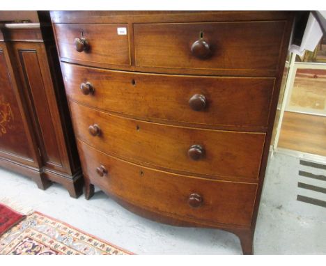 Early 19th Century mahogany and boxwood line inlaid bow front chest of two short and three long graduated drawers with knob h