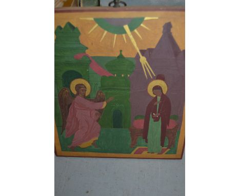 Oil on gilt ground panel, portrait of the Madonna with angel in attendance, 11ins x 9.5ins