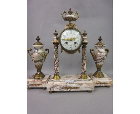French flecked marble and ormolu clock garniture, the enamel dial with Arabic numerals, with a two train movement striking on