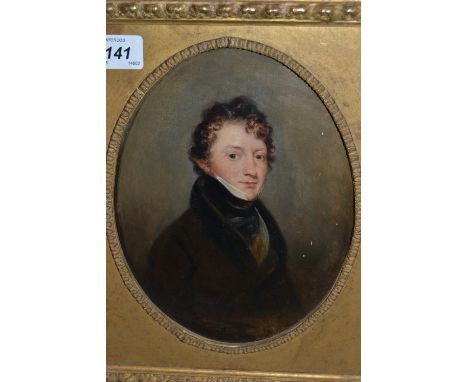 19th Century English school, oil on panel, head and shoulder portrait of a Regency gentleman in an oval mounted gilt frame, 8
