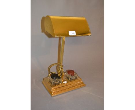 Art Deco Patent desk lamp, the adjustable shade and arm above a rectangular plinth base with two glass inkwells, stamped Brit