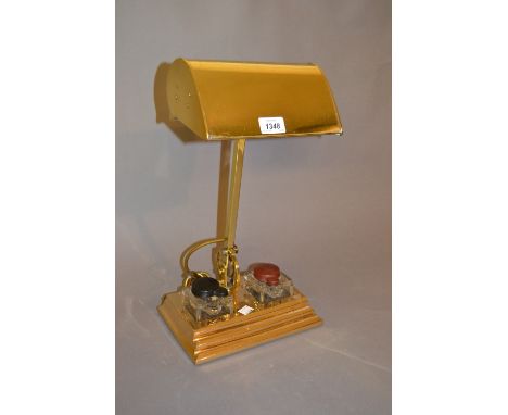 Art Deco Patent desk lamp, the adjustable shade and arm above a rectangular plinth base with two glass inkwells, stamped Brit