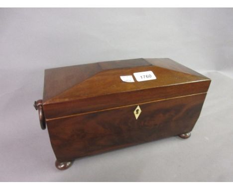 19th Century mahogany three division sarcophagus shaped tea caddy on low bun supports