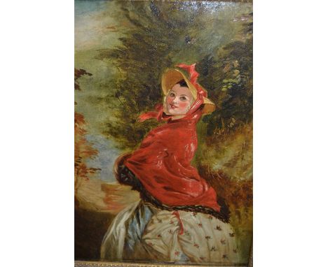 19th Century oil on canvas, portrait of a girl in a red shawl in a woodland, unsigned, 16ins x 12ins, gilt framed