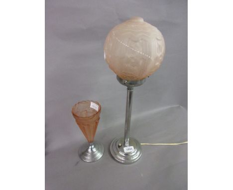 Art Deco pink frosted glass and chrome table lamp, together with a similar Art Deco ice cream glass