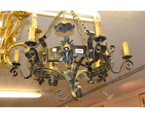 20th Century wrought iron six light electrolier, together with a pair of similar wall lights and a small brass five light ele