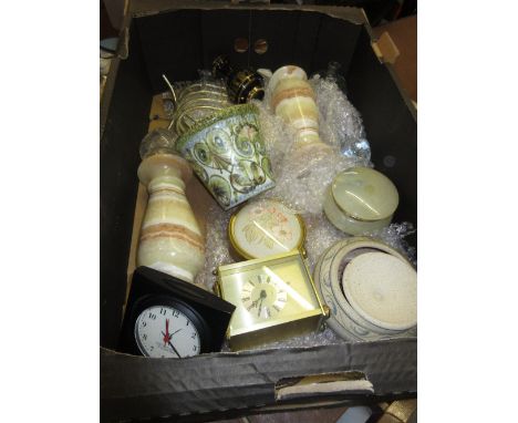 Pair of alabaster vases, two alabaster trinket boxes, carriage clock and other miscellaneous items