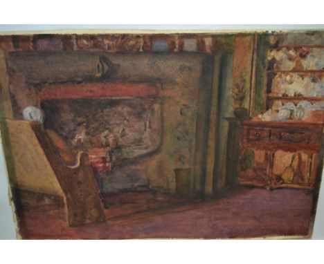 Arthur Ellis, signed watercolour interior scene, together with an oil on paper portrait, signed Ellis, and another watercolou