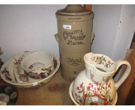 Stoneware Cheavins Saludor safe water filter (lacking tap), together with a late 19th / early 20th Century wash basin set