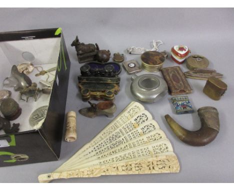 Oriental bone fan, bone walking stick handle, compass case and other miscellaneous collectables including: spirit level, oper