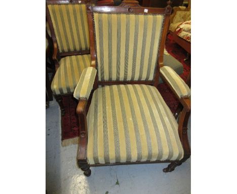 Pair of late 19th / early 20th Century walnut drawing room chairs, having carved and turned decoration with padded backs, ove