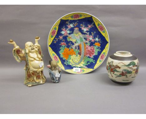 Japanese ginger jar decorated with warriors (lacking cover), two modern figures of Buddha and an oriental enamel decorated ch