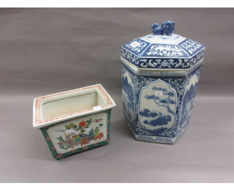 Reproduction Chinese famille vert rectangular jardiniere and a similar blue and white hexagonal box and cover CONDITION REPOR