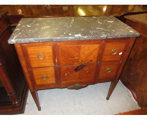 Late 19th or early 20th Century French kingwood marquetry inlaid two drawer commode with a marble top raised on square taperi