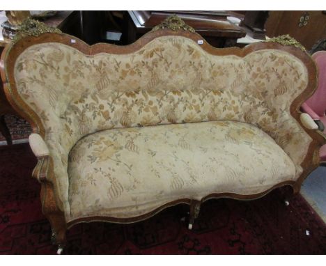 19th Century French kingwood floral marquetry inlaid and ormolu mounted sofa with floral upholstered back and seat raised on 