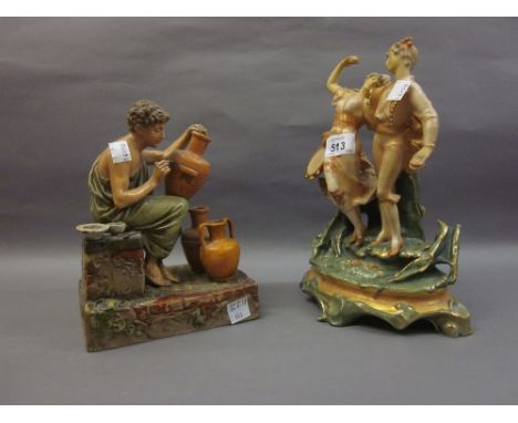 Continental porcelain group of two dancers, decorated in pink and green shot enamel, together with a Continental painted terr