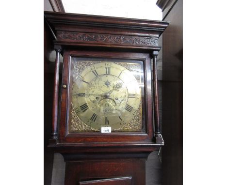 18th Century oak longcase clock, the square hood with blind fretted decoration above a rectangular panel door on plinth base,