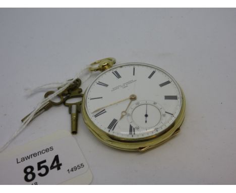 18ct Gold cased open face pocket watch by Daniel Desbois, London, the enamel dial with Roman numerals (cracked), subsidiary s