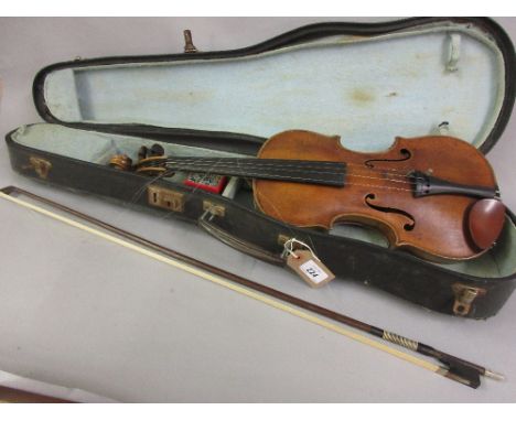 19th Century violin, 14in with single piece back and bow and in fitted case CONDITION REPORT Small repairs near button on bac