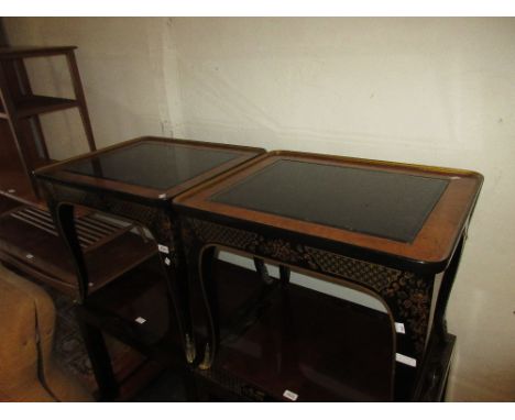 Pair of modern burr elm ebonised and parcel gilt lamp tables with glass inset tops on cabriole supports with gilt brass mount