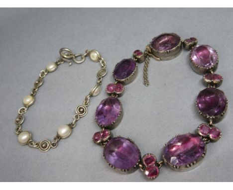 19th Century silver mounted stone set bracelet together with a silver and cultured pearl bracelet CONDITION REPORT Some abras
