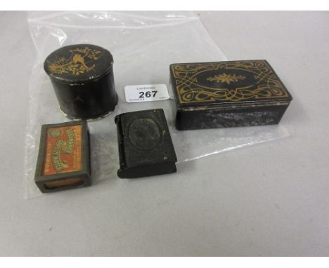 Victorian Bakelite vesta case with bust of Queen Victoria, silver match box holder, circular papier mache pot and cover and a
