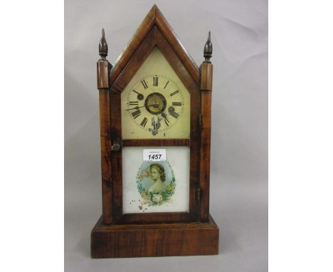19th Century American steeple clock with a two train movement and glazed door inset with a portrait print