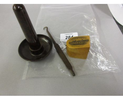Mauchline ware thimble holder with Charles Horner silver thimble, button hook and another item