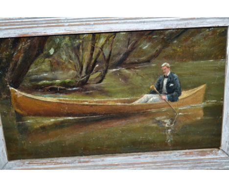 Early 20th Century oil on canvas, river scene with figure in a canoe,  5ins x 8.5ins