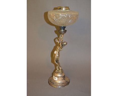 Silver plated oil lamp base in the form of a classical maiden with clear cut glass well (lacking shade and chimney etc) CONDI