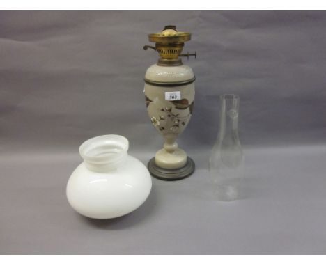 Victorian opaque glass oil lamp painted with birds and foliage CONDITION REPORT Some minor surface scratches to glass lamp ba